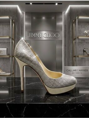 🛍️ Jimmy Choo Authentic Alex Cosmic Champagne Glitter Heels W/Box & Dust Cover
